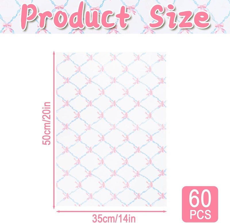 Ethanberg 60 Sheets Gift Wrapping Tissue Paper Bulk, Pink Bow Blue Line Print Tissue Paper for Gift Bags, Decorative Art Papers for DIY Crafts Wedding Birthday Baby Showers Holiday Party Decor, 20x14 Inches - Image 2
